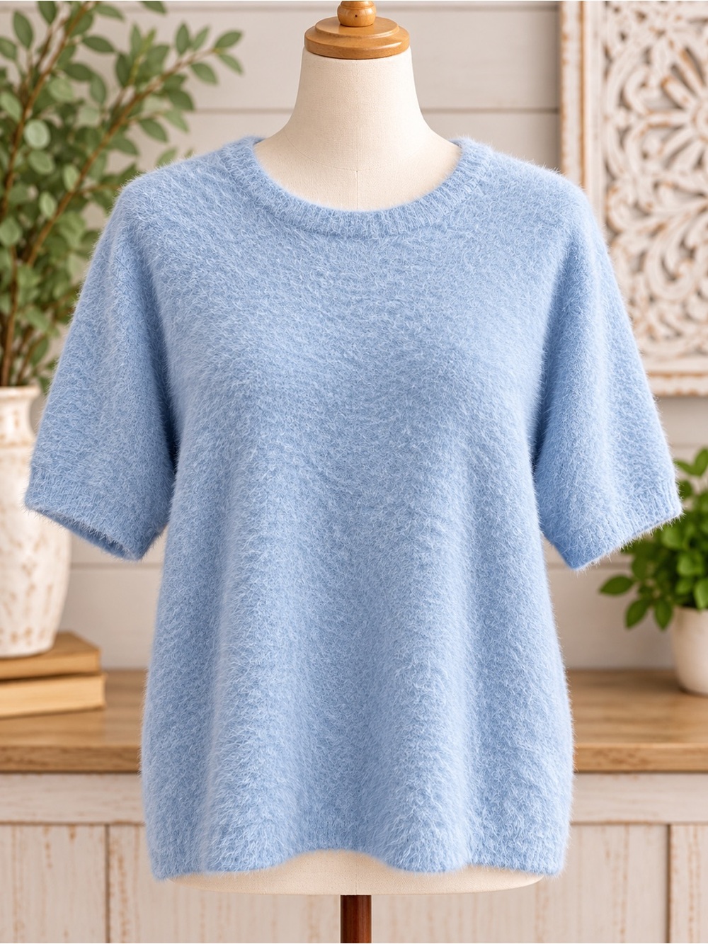 Slim Factors by Investments: Cozy Short-Sleeve Crew Neck Sweater - Light Blue